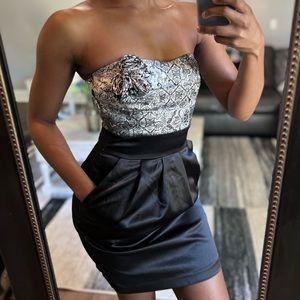 Black and White Floral Formal Mini Dress with 2 Pockets, Juniors 7